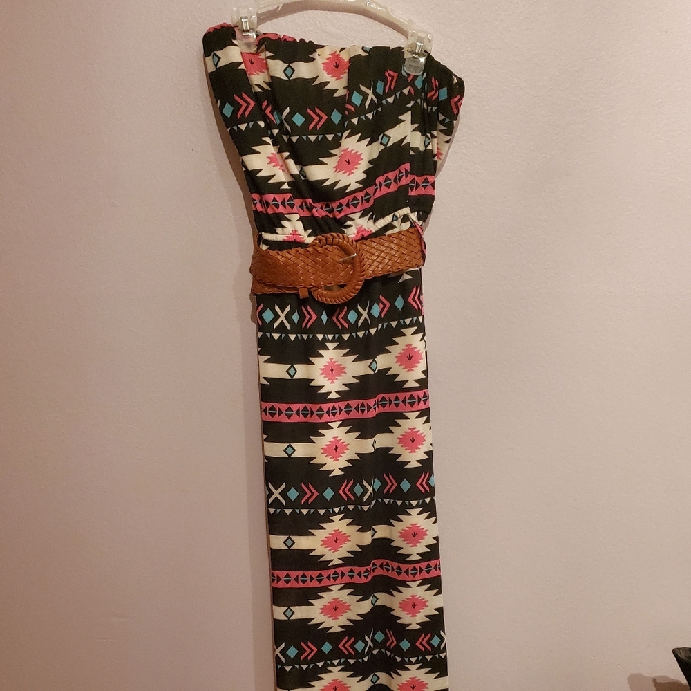 Multi color maxi dress with brown belt